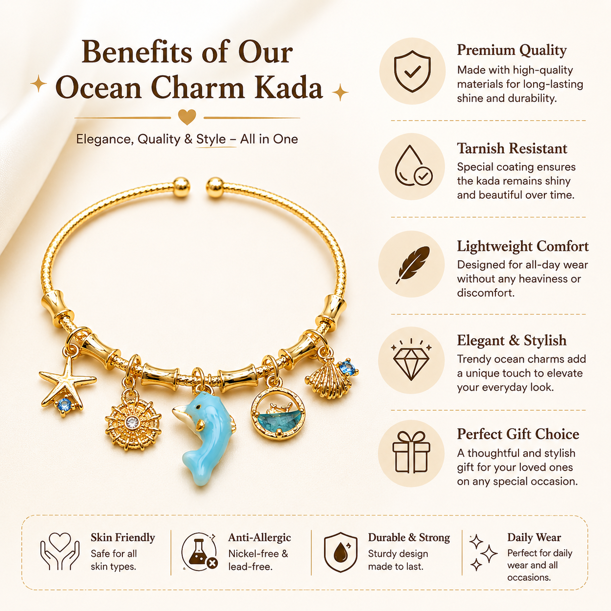 Ocean Charm Gold Kada for Women – Dolphin & Sea Theme Adjustable Fashion Kada