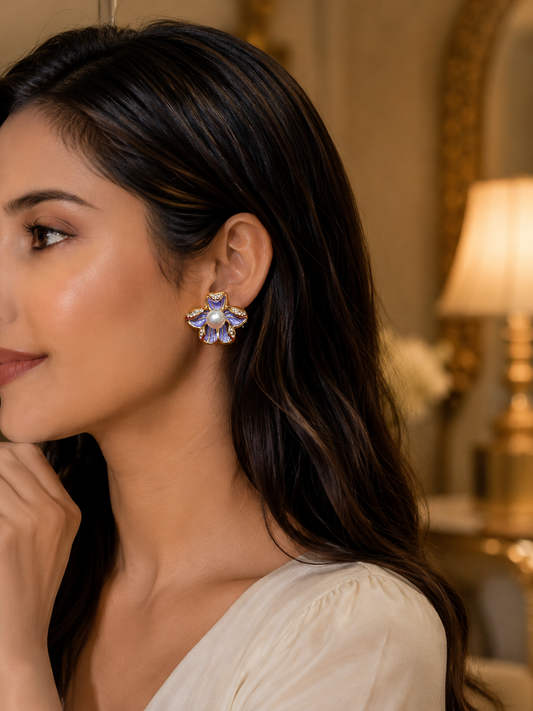 Luxury Lavender Pearl Flower Earrings for Women – Designer Floral Stud Earrings